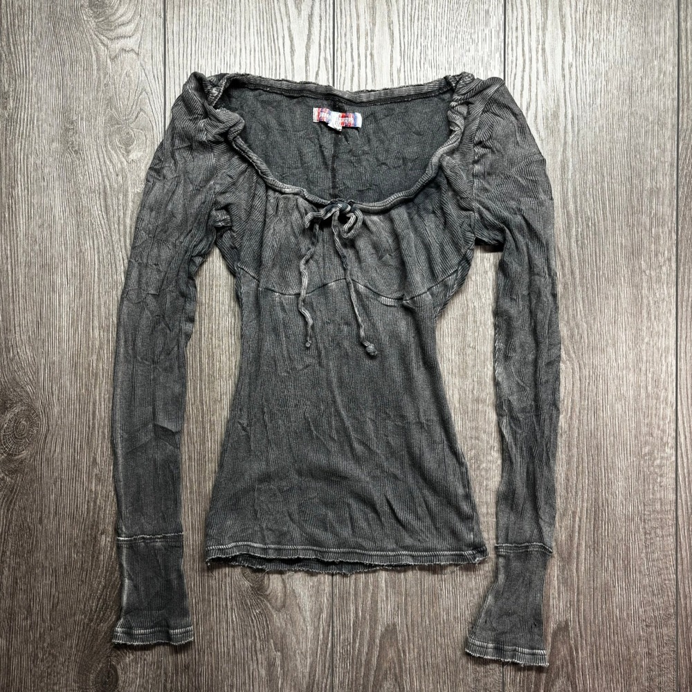 Urban Outfitters Small Gray Acid Wash Ribbed Tie Front Long Sleeve Top Y2k